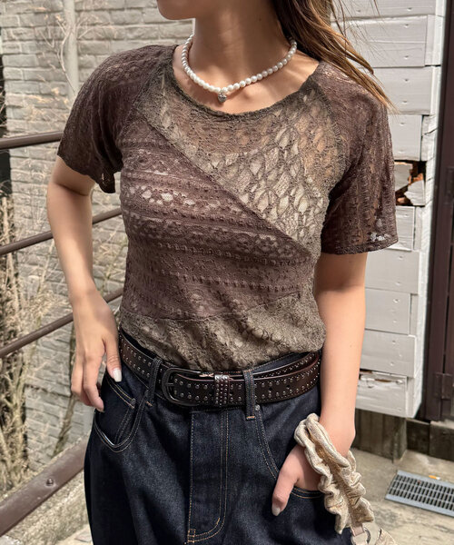 CIAOPANIC（チャオパニック）の「【2WAY】ショートスリーブレースパネルシアートップス（Tシャツ/カットソー・レディース・オフホワイト/ブラック/カーキ・ONE SIZE）」の6枚目の写真