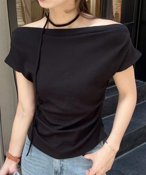 LAC-VERT(ラック・ヴェール)の「2WAYオフショルトップス(タイ付き)(Tシャツ/カットソー・レディース・ブラック/グレー/オフホワイト/イエロー・FREE)」の7枚目の写真
