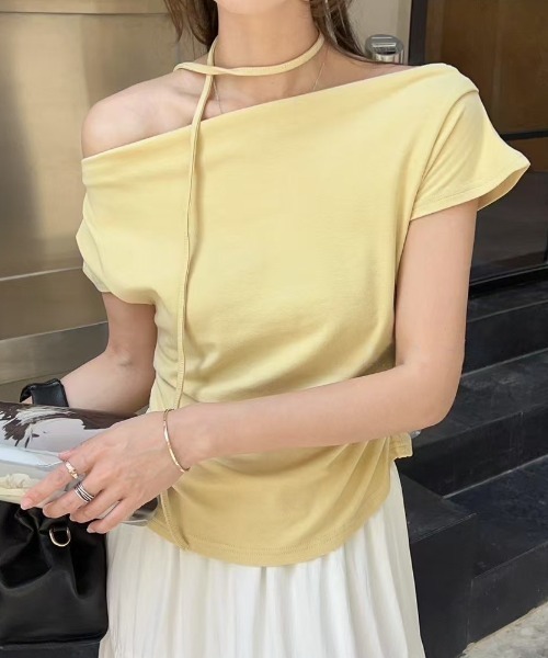 LAC-VERT(ラック・ヴェール)の「2WAYオフショルトップス(タイ付き)(Tシャツ/カットソー・レディース・ブラック/グレー/オフホワイト/イエロー・FREE)」の20枚目の写真