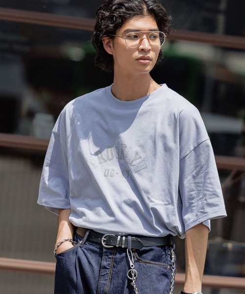 RAGEBLUE(レイジブルー)の「フロッキープリント/ミニカレッジロゴTシャツ(Tシャツ/カットソー・メンズ・ネイビー/オフホワイト/ライトブルー・MEDIUM/LARGE)」の3枚目の写真