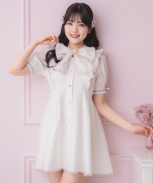 ROJITA（ロジータ）の「シアーチェックボウタイツイードワンピース（ワンピース・レディース・ミント/ピンク/ホワイト・FREE）」の4枚目の写真