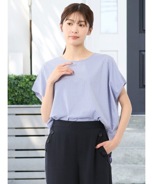 m.f.editorial（エムエフエディトリアル）の「【フレンチスリーブ】m.f.エディトリアル レディース ストライプ クルーネック プルオーバー（Tシャツ/カットソー・レディース・ベージュ/ブルー・MEDIUM/LARGE）」の2枚目の写真