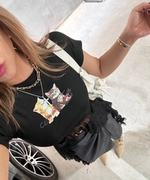 ipugo/イプゴ キャットプリント レースクロップドTEE Tシャツ 秋物 秋服 2026年秋冬
