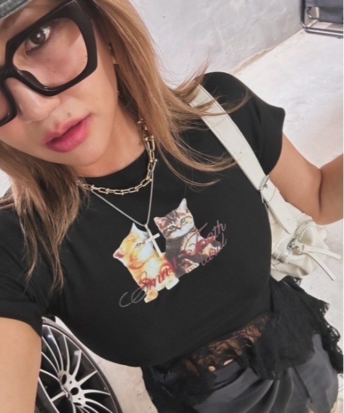 ipugo（イプゴ）の「ipugo/イプゴ キャットプリント レースクロップドTEE Tシャツ 秋物 秋服 2026年秋冬（Tシャツ/カットソー・レディース・ホワイト/ブラック・FREE）」の20枚目の写真