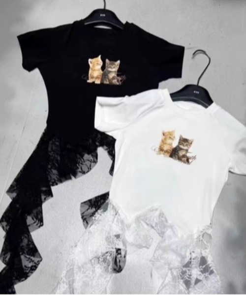 ipugo（イプゴ）の「ipugo/イプゴ キャットプリント レースクロップドTEE Tシャツ 秋物 秋服 2026年秋冬（Tシャツ/カットソー・レディース・ホワイト/ブラック・FREE）」の15枚目の写真