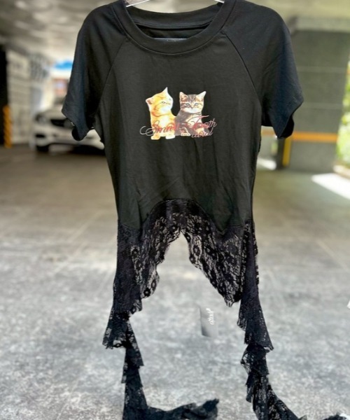ipugo（イプゴ）の「ipugo/イプゴ キャットプリント レースクロップドTEE Tシャツ 秋物 秋服 2026年秋冬（Tシャツ/カットソー・レディース・ホワイト/ブラック・FREE）」の19枚目の写真