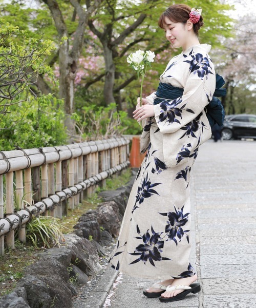 綿麻浴衣　変わり織り　アイボリー✕濃紺 浴衣 レディース セット 変わり織り綿麻浴衣3点セット「絞り柄の