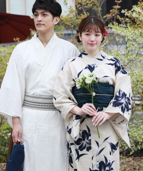 変わり織り綿麻浴衣3点セット「生成り地に紺色の百合」（浴衣