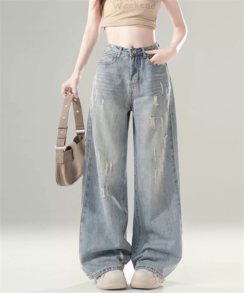 FREE STYLISTS(フリー スタイリスト)の「ゆったりサイズダメージワイドデニムパンツ(デニムパンツ・レディース・ライトブルー・XS/S/L/XL/2XL/3XL/M/4XL)」の3枚目の写真