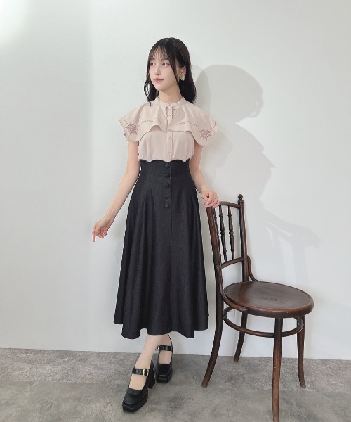 ハイウエストスカラップデニムライクフレアースカート（デニムスカート