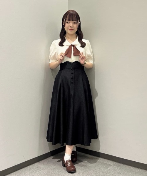 ハイウエストスカラップデニムライクフレアースカート（デニム