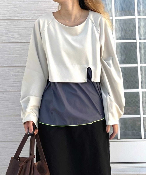 Q（キュー）の「ペプラムドッキングプルオーバー（Tシャツ/カットソー・レディース・チャコールグレー/ベージュ・MEDIUM）」の7枚目の写真