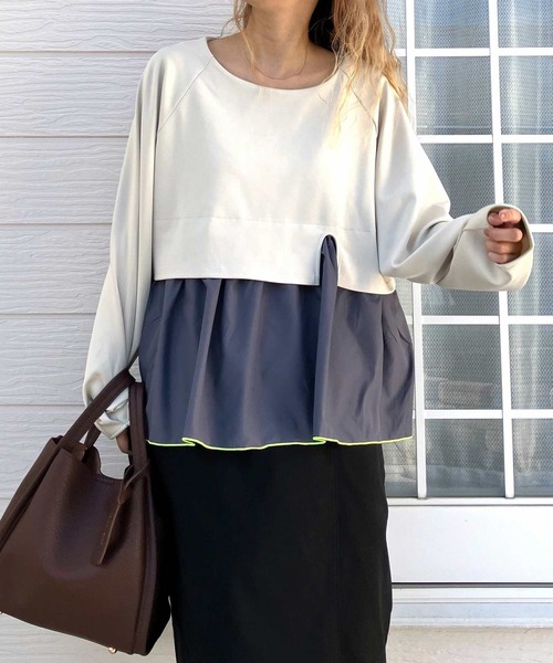 Q（キュー）の「ペプラムドッキングプルオーバー（Tシャツ/カットソー・レディース・チャコールグレー/ベージュ・MEDIUM）」の8枚目の写真