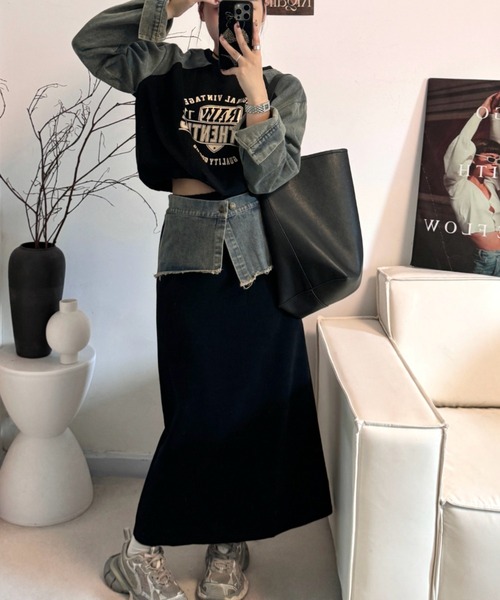 FAVORITO(ファヴォリート)の「異素材切り替えプリントパッチワーク長袖トップス+スカートセットアップ(セットアップ・レディース・レッド/ブラック/グレー/ベージュ・F)」の2枚目の写真