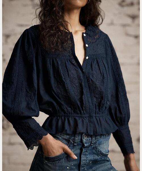 セール】エンブロイダリー コットン ボイル & レース ブラウス（シャツ