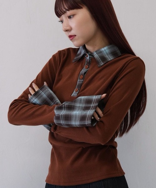 Uenui（ウニュイ）の「【 cunii 】 レイヤード風 チェック 襟付き リブ トップス  秋冬新作（ニット/セーター・レディース・ブラウン/レッド・FREE）」の2枚目の写真