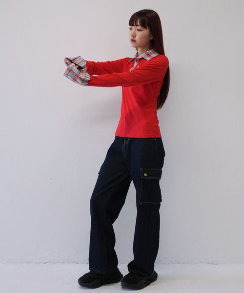 Uenui（ウニュイ）の「【 cunii 】 レイヤード風 チェック 襟付き リブ トップス  秋冬新作（ニット/セーター・レディース・ブラウン/レッド・FREE）」の12枚目の写真