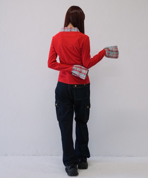 Uenui（ウニュイ）の「【 cunii 】 レイヤード風 チェック 襟付き リブ トップス  秋冬新作（ニット/セーター・レディース・ブラウン/レッド・FREE）」の14枚目の写真
