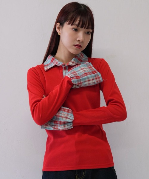 Uenui（ウニュイ）の「【 cunii 】 レイヤード風 チェック 襟付き リブ トップス  秋冬新作（ニット/セーター・レディース・ブラウン/レッド・FREE）」の15枚目の写真