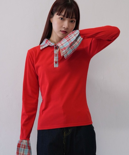 Uenui（ウニュイ）の「【 cunii 】 レイヤード風 チェック 襟付き リブ トップス  秋冬新作（ニット/セーター・レディース・ブラウン/レッド・FREE）」の16枚目の写真