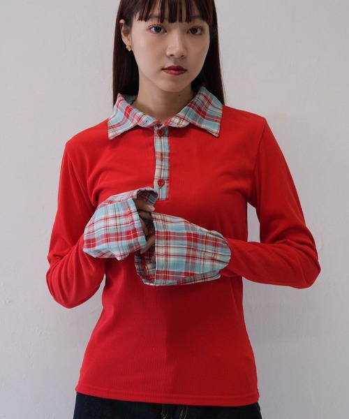 Uenui（ウニュイ）の「【 cunii 】 レイヤード風 チェック 襟付き リブ トップス  秋冬新作（ニット/セーター・レディース・ブラウン/レッド・FREE）」の3枚目の写真