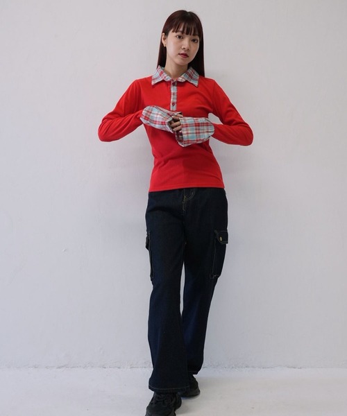 Uenui（ウニュイ）の「【 cunii 】 レイヤード風 チェック 襟付き リブ トップス  秋冬新作（ニット/セーター・レディース・ブラウン/レッド・FREE）」の4枚目の写真