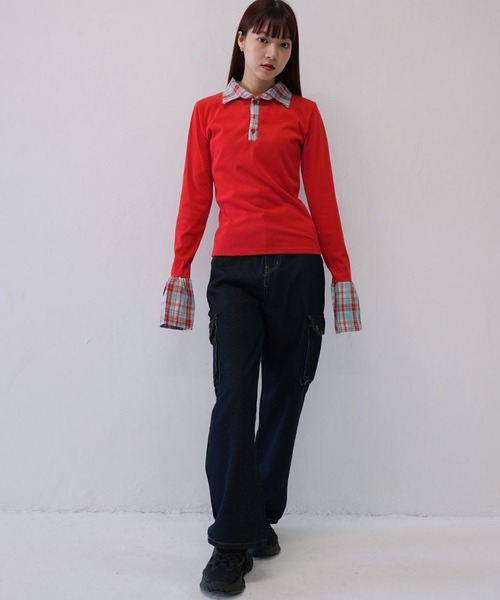 Uenui（ウニュイ）の「【 cunii 】 レイヤード風 チェック 襟付き リブ トップス  秋冬新作（ニット/セーター・レディース・ブラウン/レッド・FREE）」の8枚目の写真