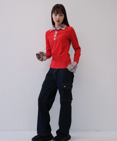 Uenui（ウニュイ）の「【 cunii 】 レイヤード風 チェック 襟付き リブ トップス  秋冬新作（ニット/セーター・レディース・ブラウン/レッド・FREE）」の9枚目の写真