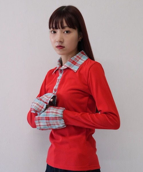 Uenui（ウニュイ）の「【 cunii 】 レイヤード風 チェック 襟付き リブ トップス  秋冬新作（ニット/セーター・レディース・ブラウン/レッド・FREE）」の10枚目の写真