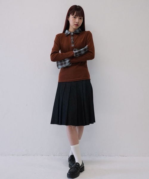 Uenui（ウニュイ）の「【 cunii 】 レイヤード風 チェック 襟付き リブ トップス  秋冬新作（ニット/セーター・レディース・ブラウン/レッド・FREE）」の20枚目の写真