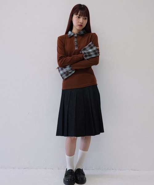 Uenui（ウニュイ）の「【 cunii 】 レイヤード風 チェック 襟付き リブ トップス  秋冬新作（ニット/セーター・レディース・ブラウン/レッド・FREE）」の21枚目の写真