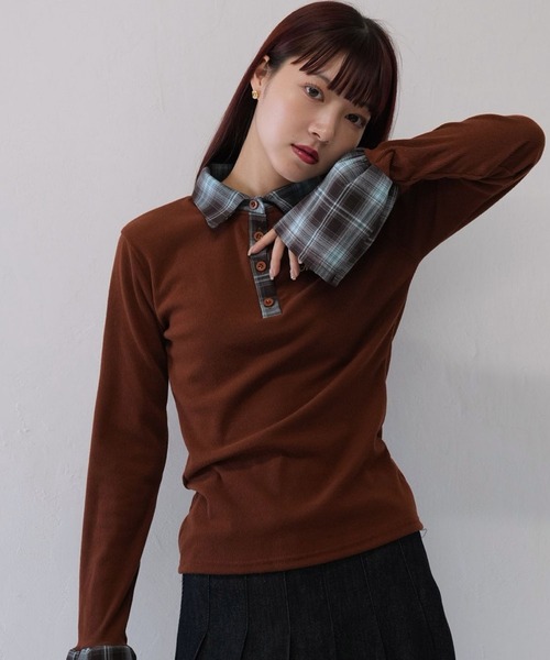 Uenui（ウニュイ）の「【 cunii 】 レイヤード風 チェック 襟付き リブ トップス  秋冬新作（ニット/セーター・レディース・ブラウン/レッド・FREE）」の5枚目の写真