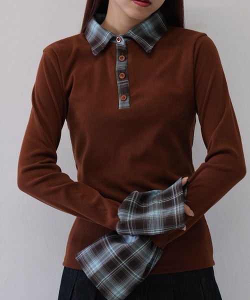 Uenui（ウニュイ）の「【 cunii 】 レイヤード風 チェック 襟付き リブ トップス  秋冬新作（ニット/セーター・レディース・ブラウン/レッド・FREE）」の19枚目の写真