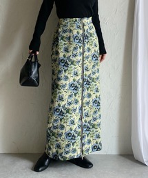タイトロング丈花柄フラワージップゴブラン柄スカート