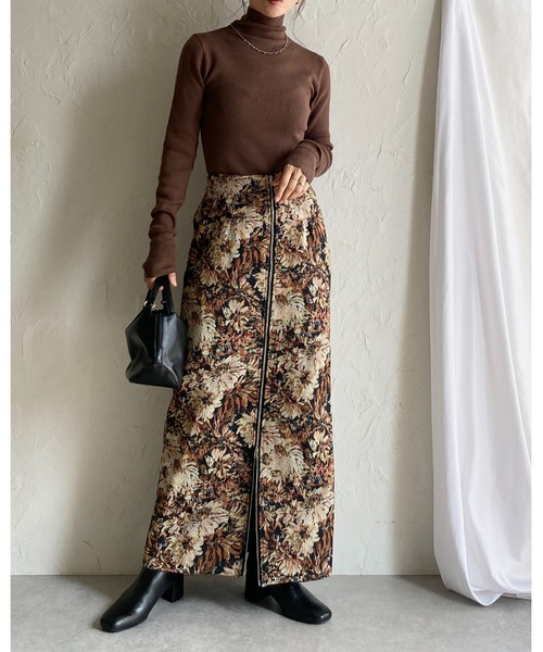 セール】タイトロング丈花柄フラワージップゴブラン柄スカート