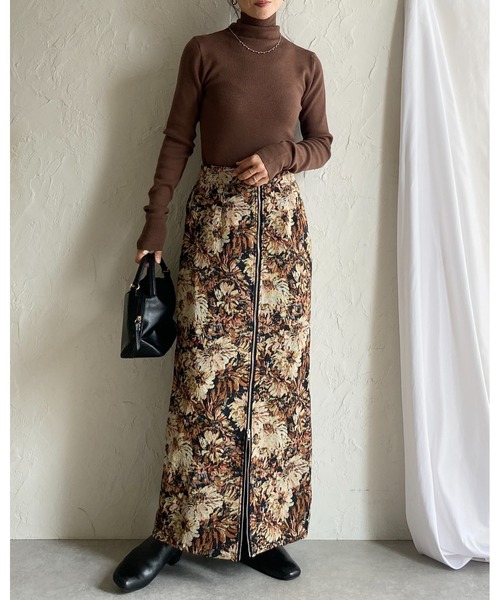 セール】タイトロング丈花柄フラワージップゴブラン柄スカート