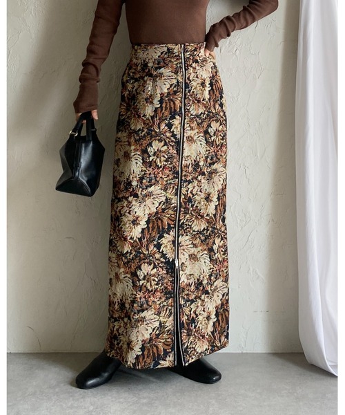セール】タイトロング丈花柄フラワージップゴブラン柄スカート