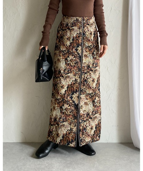 セール】タイトロング丈花柄フラワージップゴブラン柄スカート