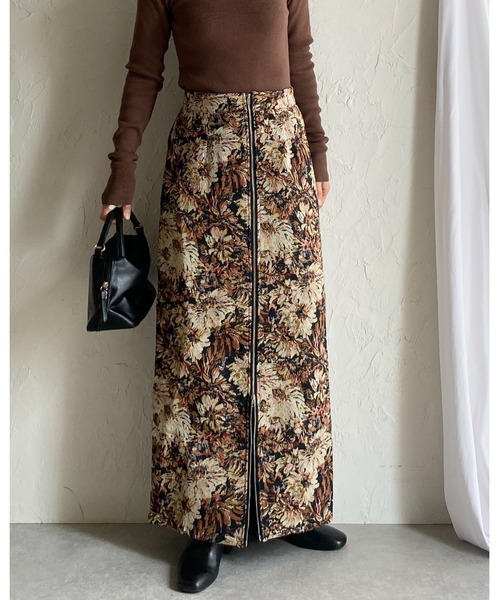 セール】タイトロング丈花柄フラワージップゴブラン柄スカート