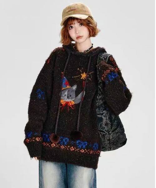 セール】25aw 前猫ししゅう/フード付きニット（ニット/セーター