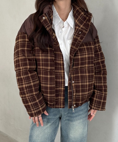 naptime チェック中綿ジャケット　ブラウン チェックリバーシブル中綿ブルゾン(M BROWN): アウター｜PMbox P&M