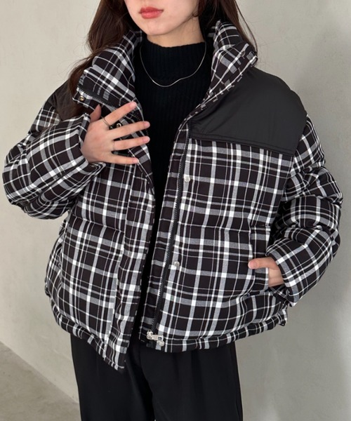 セール】チェック柄切り替え中綿アウター（ダウンジャケット/コート