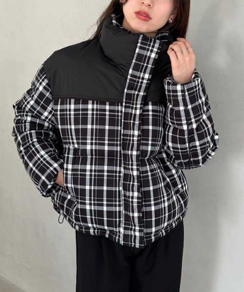 セール】チェック柄切り替え中綿アウター（ダウンジャケット/コート