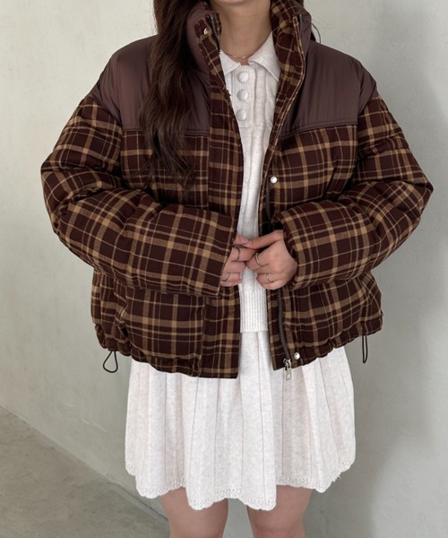 セール】チェック柄切り替え中綿アウター（ダウンジャケット/コート