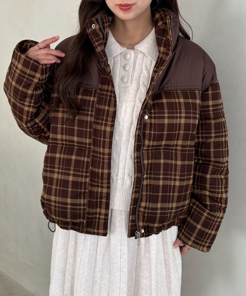 セール】チェック柄切り替え中綿アウター（ダウンジャケット/コート