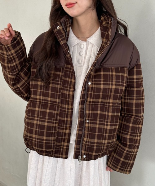 セール】チェック柄切り替え中綿アウター（ダウンジャケット/コート