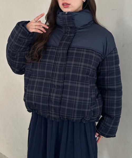 セール】チェック柄切り替え中綿アウター（ダウンジャケット/コート