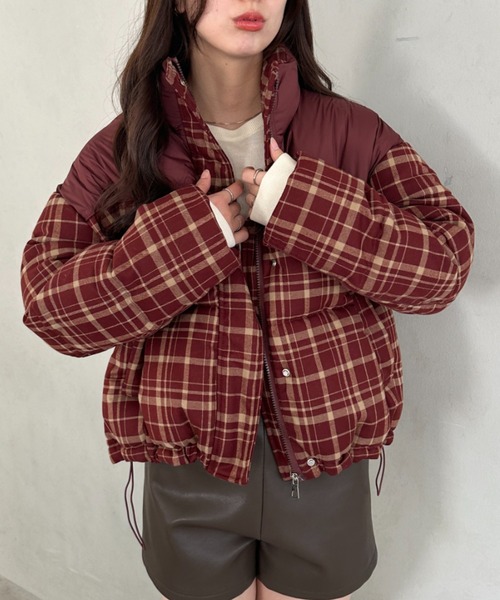 セール】チェック柄切り替え中綿アウター（ダウンジャケット/コート