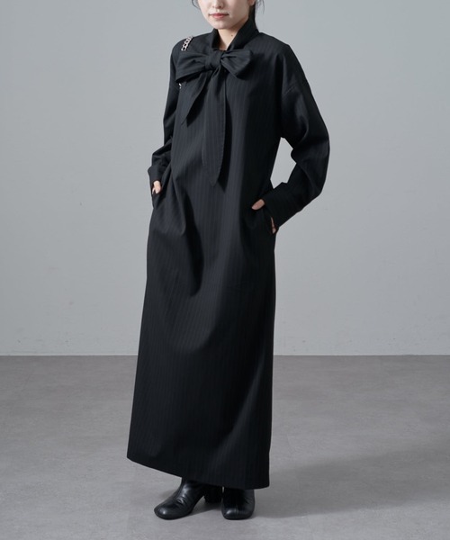 Lui's(ルイス)の「ストライプボウタイワンピース(ワンピース・レディース・グレー/ブラック・FREE)」の2枚目の写真