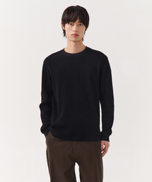 ワッフルベーシッククルーネック長袖Tシャツ[ブラック]